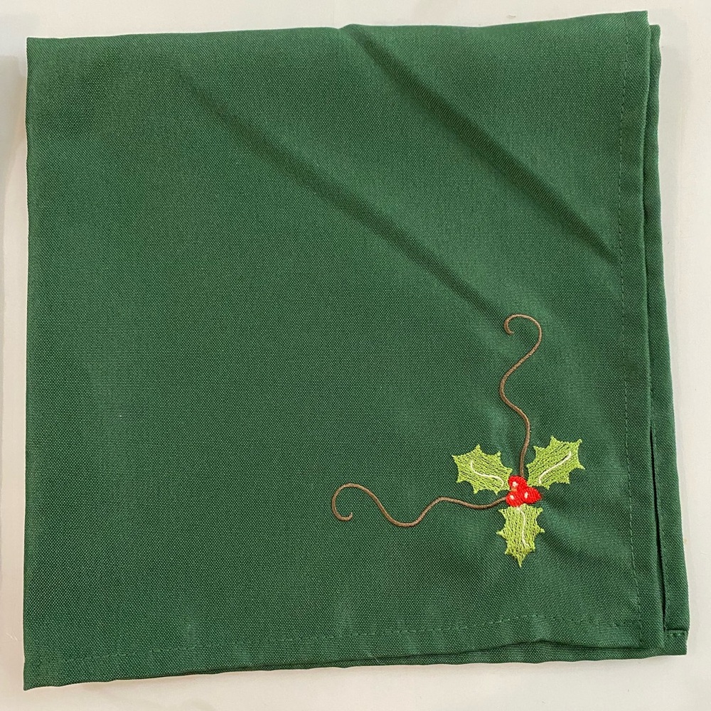 DII Christmas Holiday Dark Green Embroidered Holly Square Napkins Set of 2 18x18
